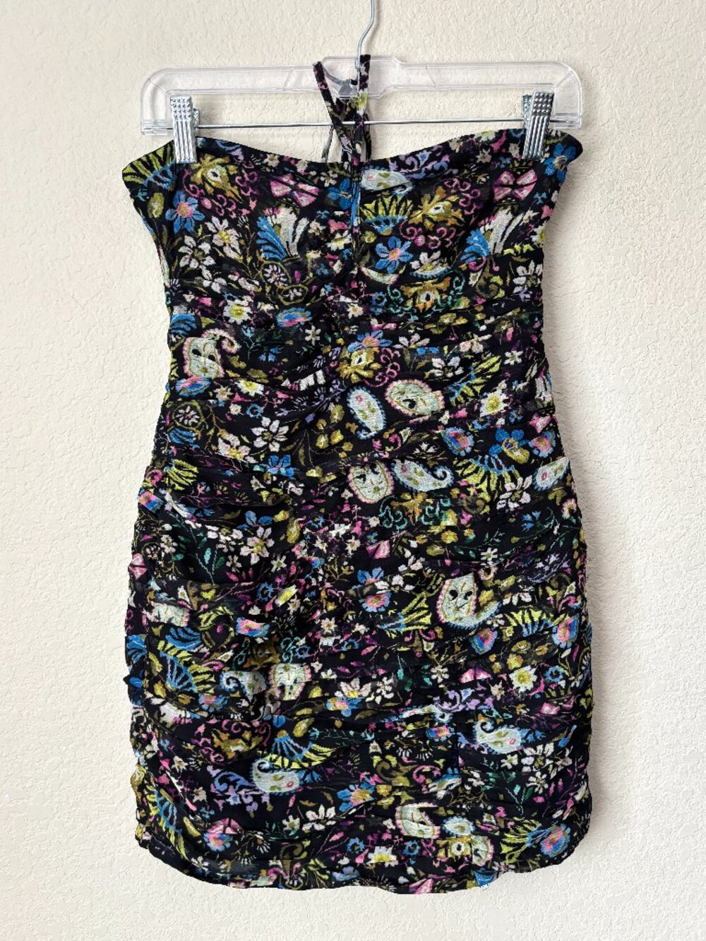 Zara Ruched Floral Tie Up Bodycon Mini Dress